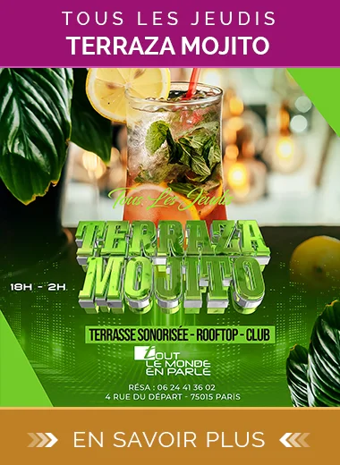 Afterwork rooftop chaque jeudi à Montparnasse. Mojitos, rosé, DJ & vue sur Paris. Entrée gratuite de 19h à 21h au TLMP, sur une terrasse végétale.