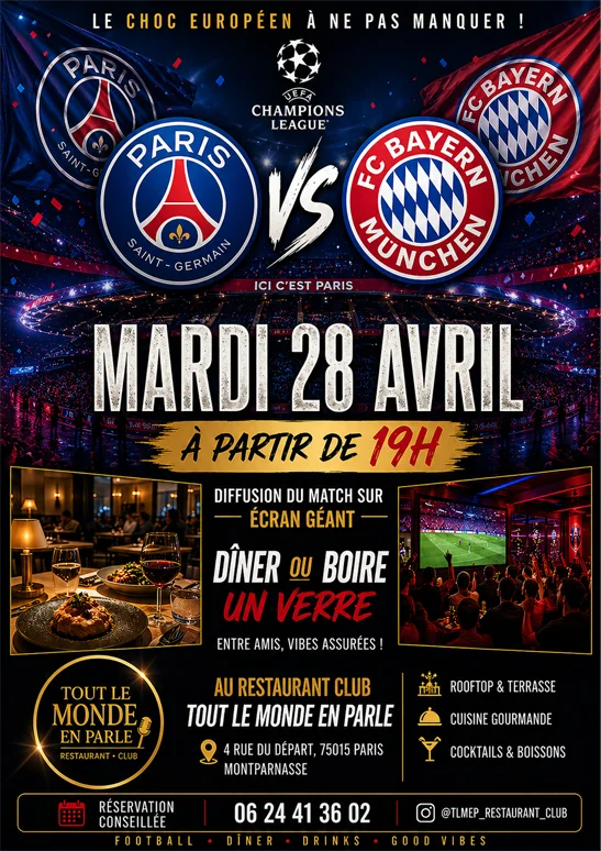 PSG vs Bayern en LIVE au TLMP ! Restransmission écrans géants, match de Football en direct